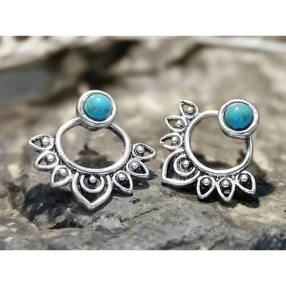 Turquoise Mandala Earrings, Boho Silver Earrings